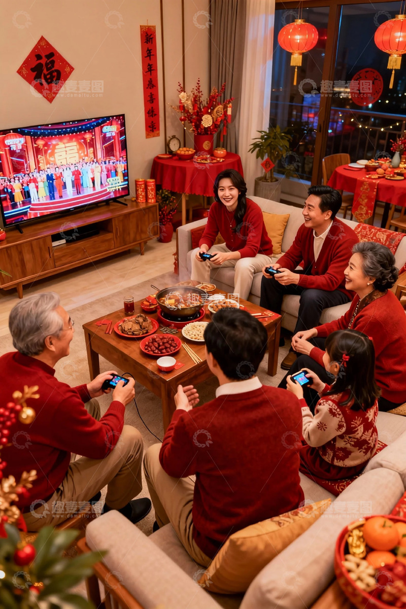 高清大图下载【趣麦麦图】春节家庭欢聚电视游戏欢乐时光
