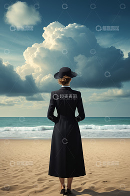身着长裙女人海滩观海背影