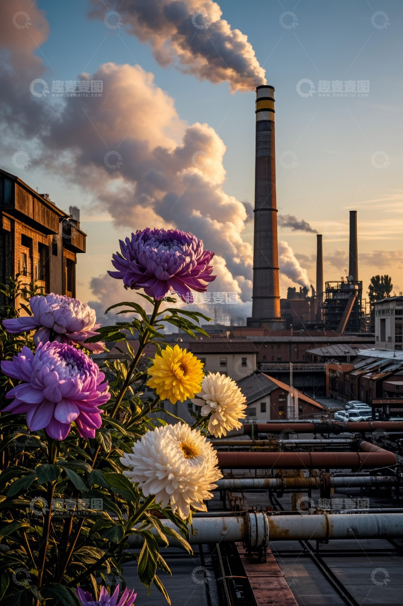 高清大图下载【趣麦麦图】工厂旁绽放的多彩花朵