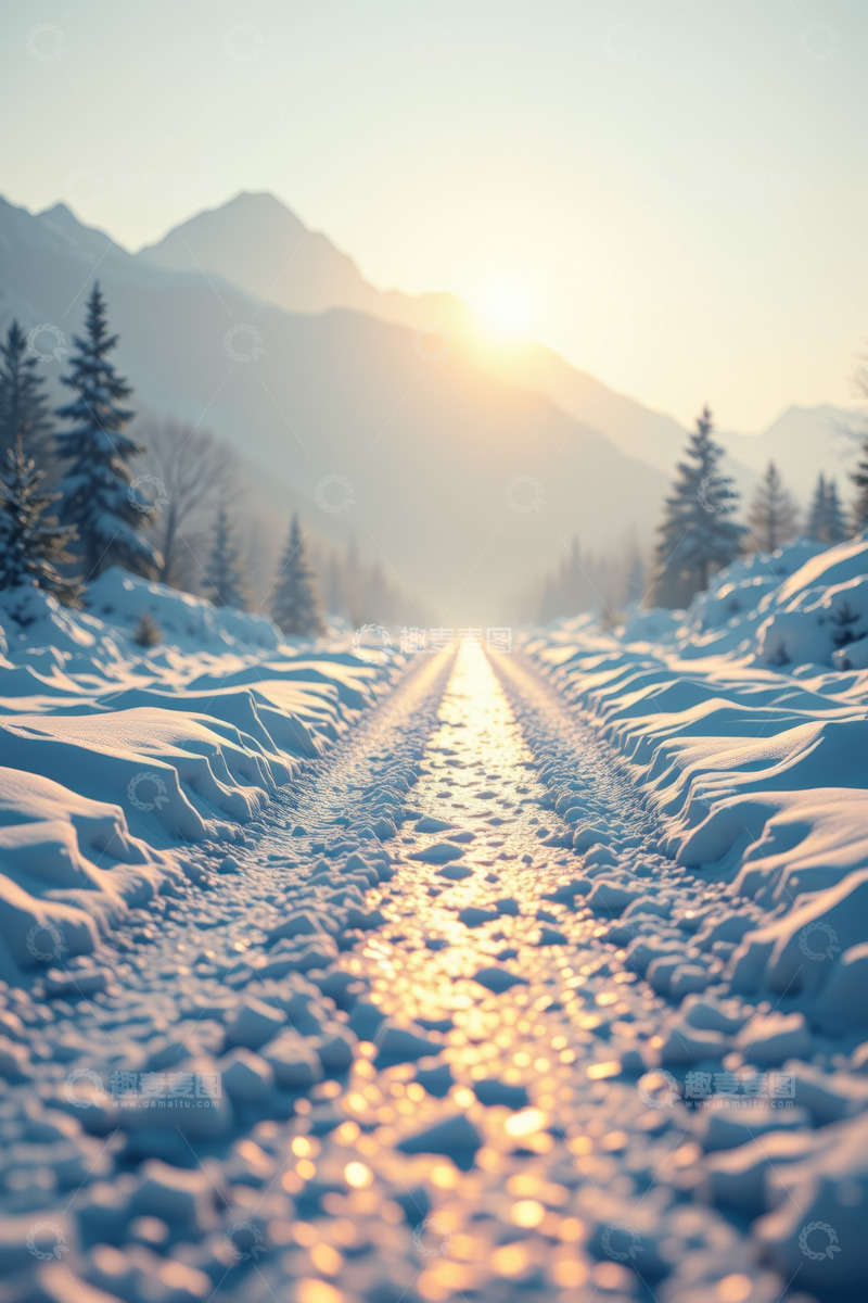 高清大图下载【趣麦麦图】冬日雪山下的积雪道路