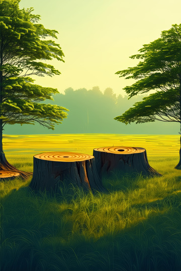 田野中树桩与绿树的自然景象