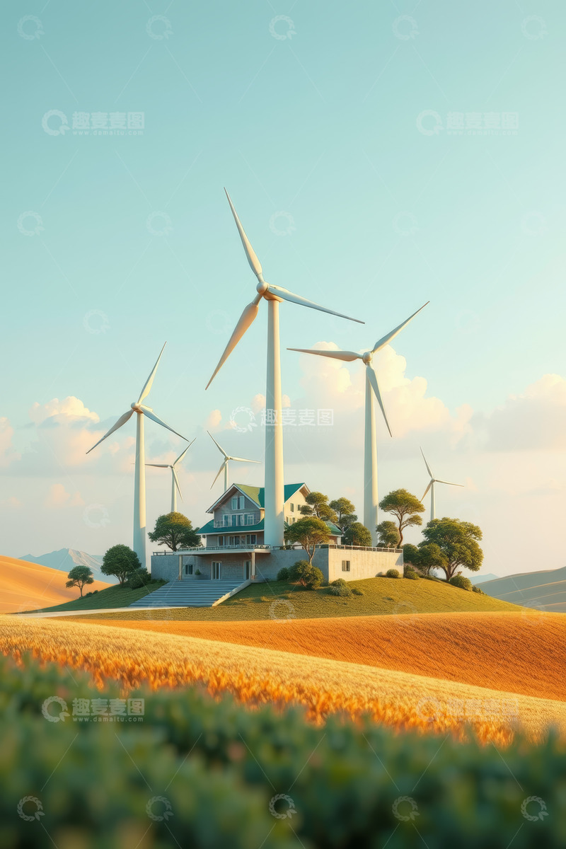 高清大图下载【趣麦麦图】田野上的住宅与风力发电机
