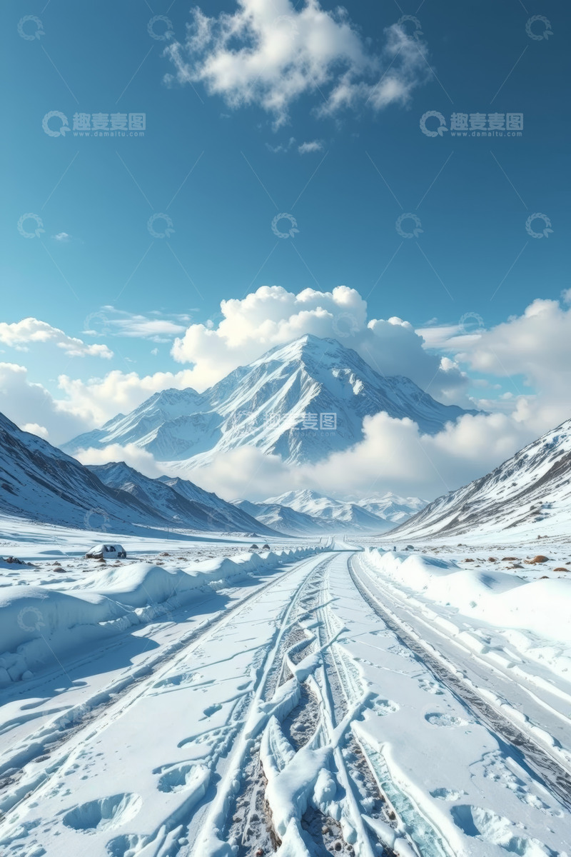 高清大图下载【趣麦麦图】雪山下的雪地公路景观