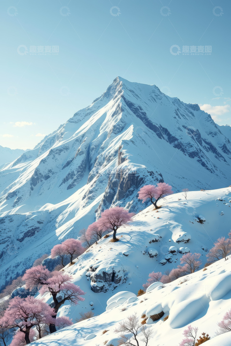 高清大图下载【趣麦麦图】雪山与粉色树木自然景观