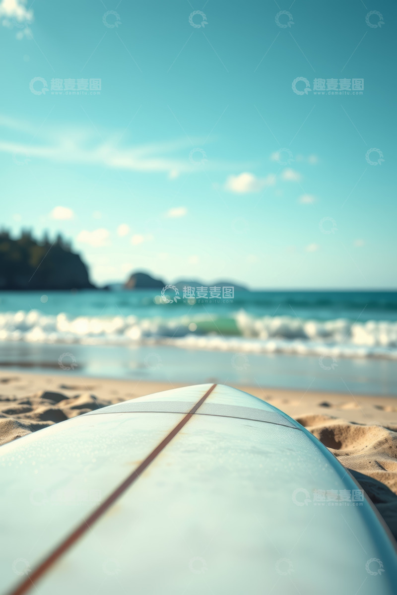 高清大图下载【趣麦麦图】沙滩上的冲浪板与海景