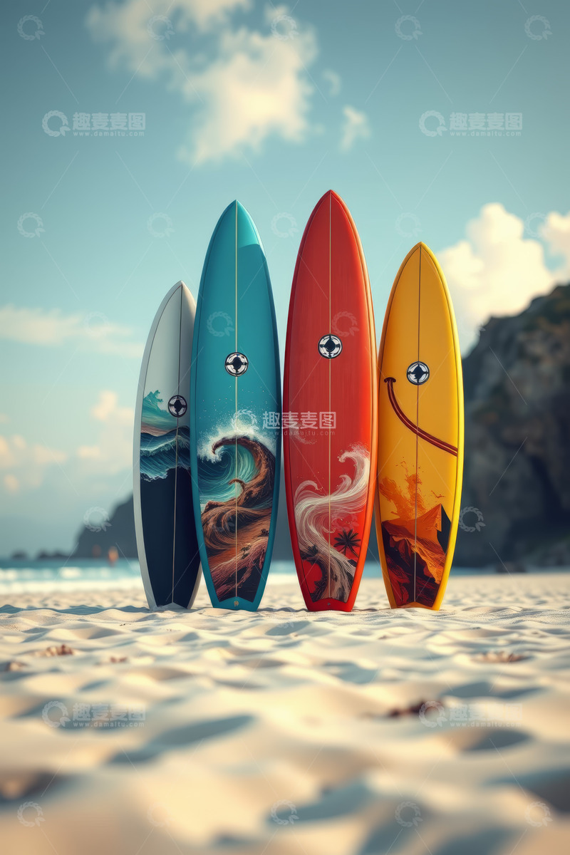 高清大图下载【趣麦麦图】沙滩上色彩各异的冲浪板