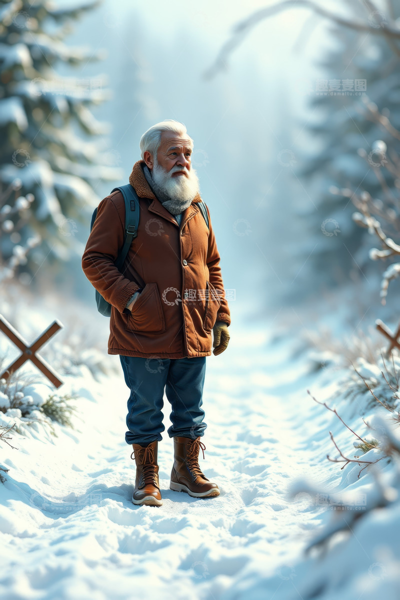 高清大图下载【趣麦麦图】老人雪地徒步背背包