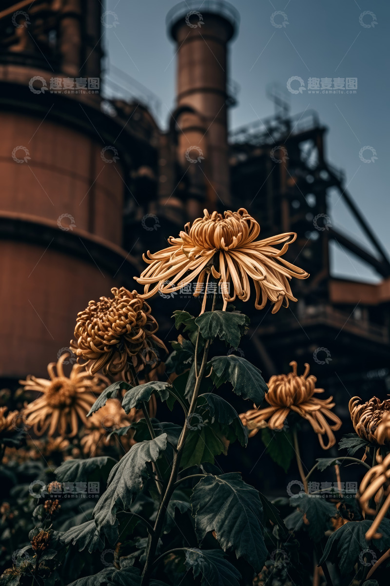 高清大图下载【趣麦麦图】工厂前绽放的金黄色菊花