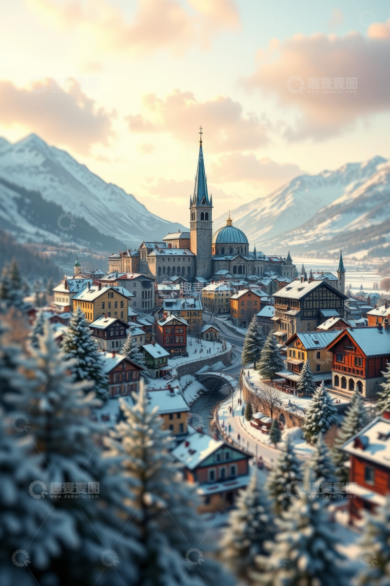 高清大图下载【趣麦麦图】雪山下的欧洲村庄景观