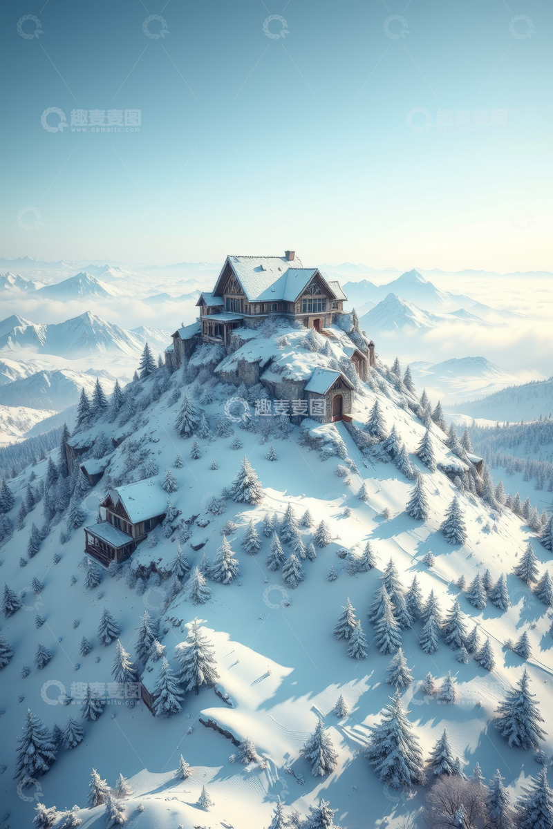高清大图下载【趣麦麦图】山顶雪覆木屋自然风光