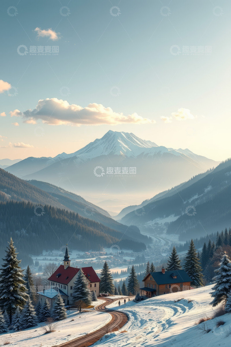 高清大图下载【趣麦麦图】雪山下的冬日乡村风景