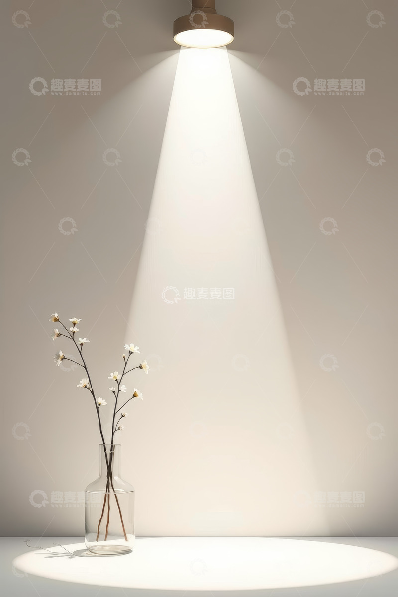 高清大图下载【趣麦麦图】台灯照射下透明花瓶与白色小花