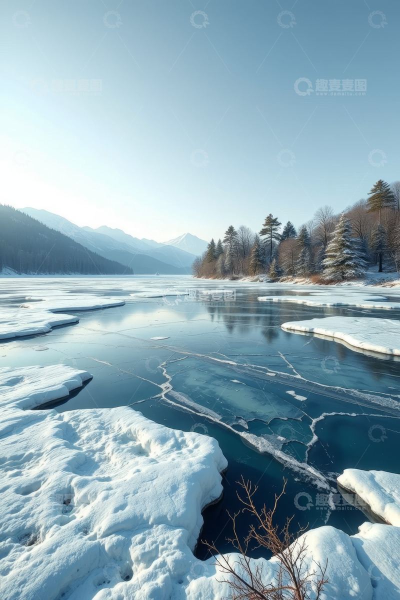 高清大图下载【趣麦麦图】冬季冰封湖面与山林雪景