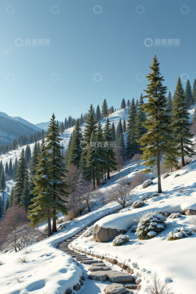 高清大图下载【趣麦麦图】雪山林间积雪覆盖的石板路