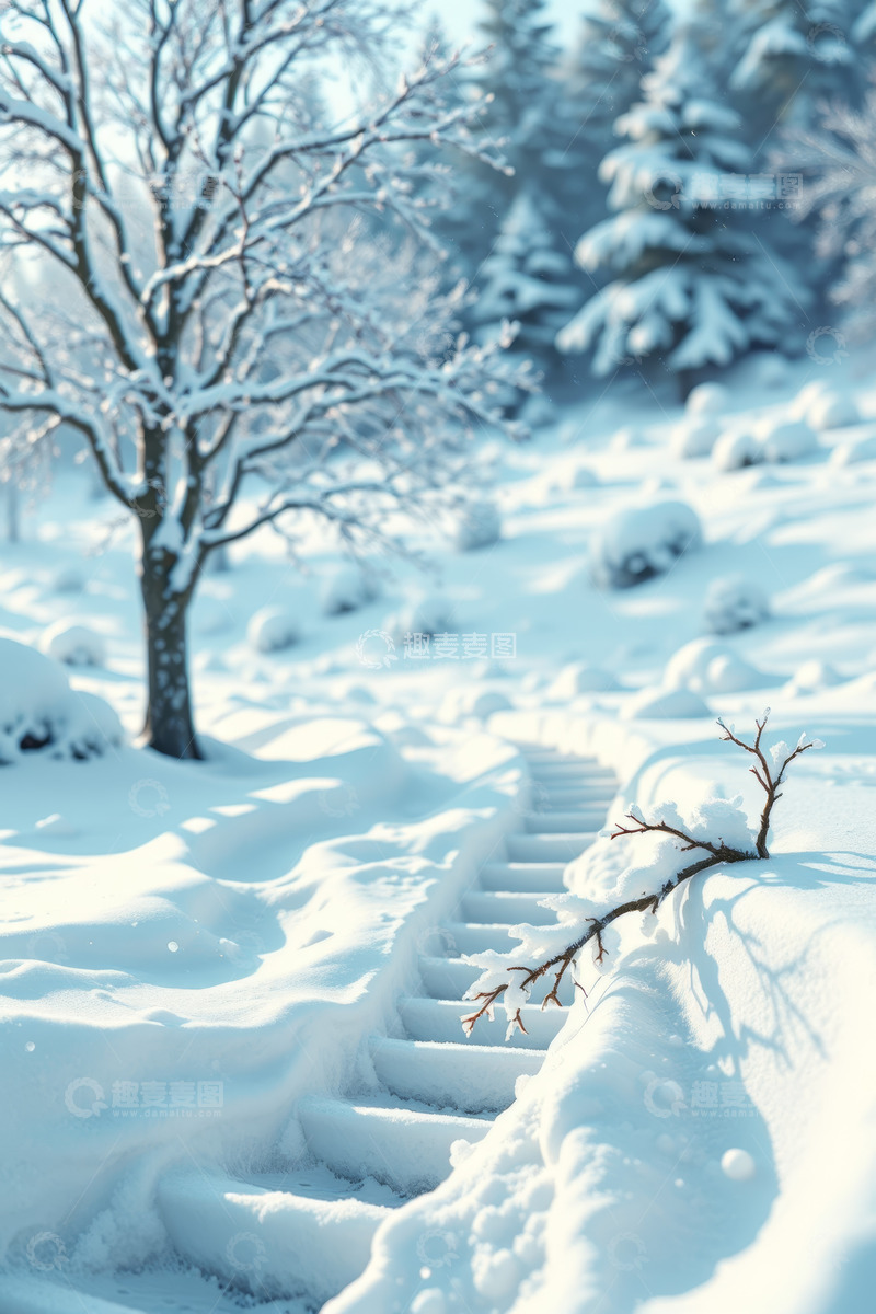 高清大图下载【趣麦麦图】冬日积雪覆盖的林间小径