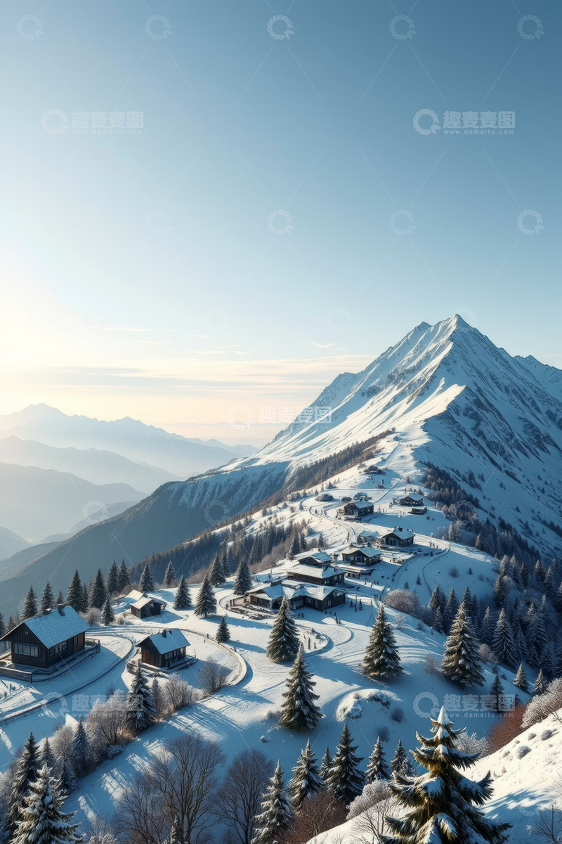 高清大图下载【趣麦麦图】雪山下的雪覆村庄与森林景观