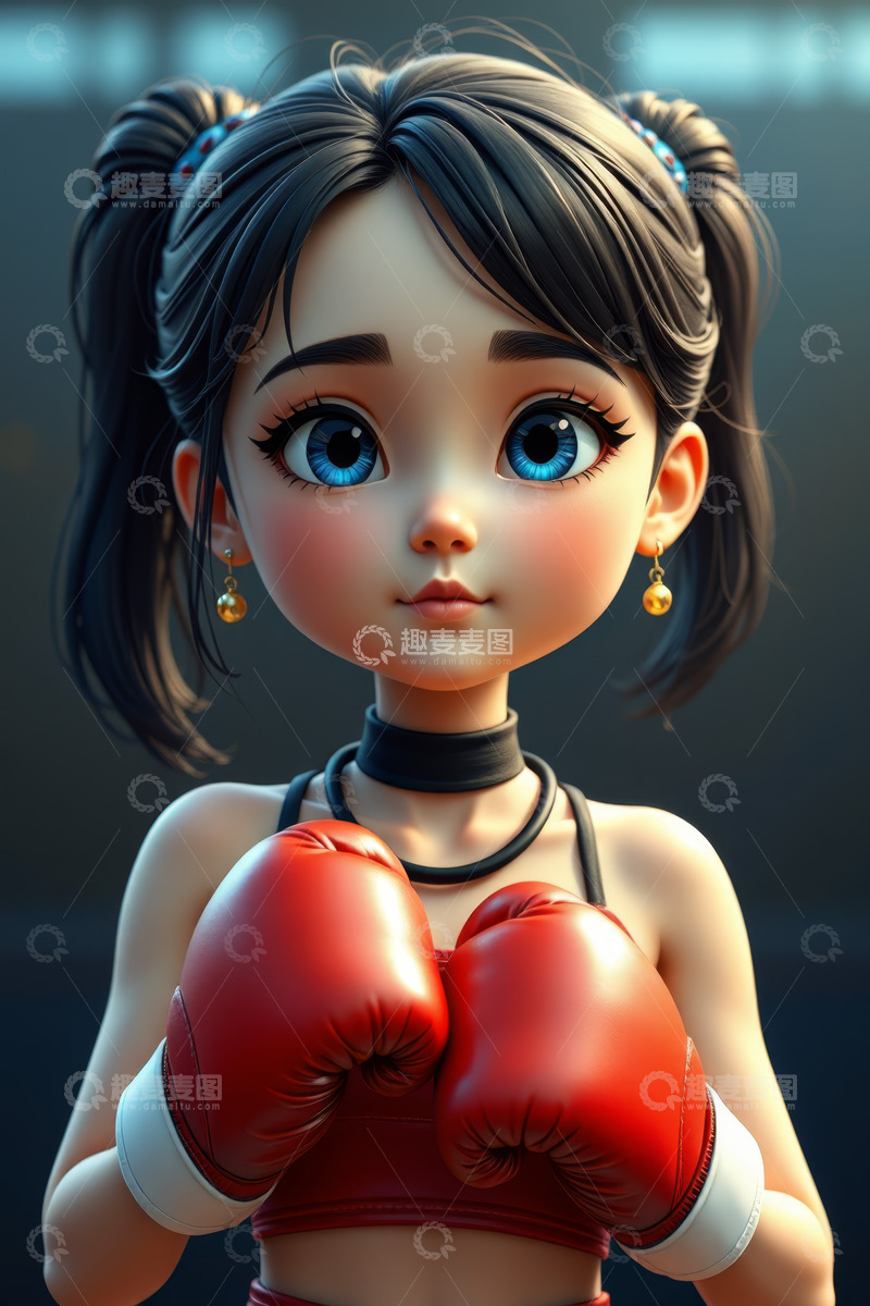 高清大图下载【趣麦麦图】扎双马尾戴拳击手套的卡通女孩