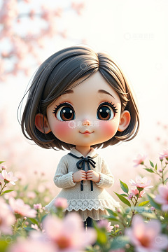 花丛中的卡通小女孩形象