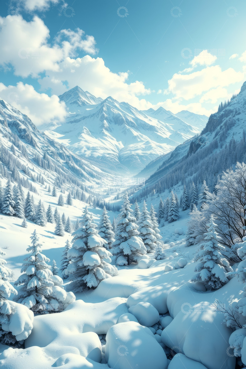 高清大图下载【趣麦麦图】雪山下被雪覆盖的森林景观