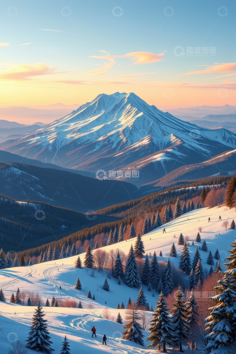 高清大图下载【趣麦麦图】雪山下的冬日森林风光