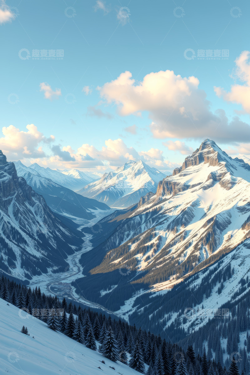 高清大图下载【趣麦麦图】雪山山谷自然风光全景