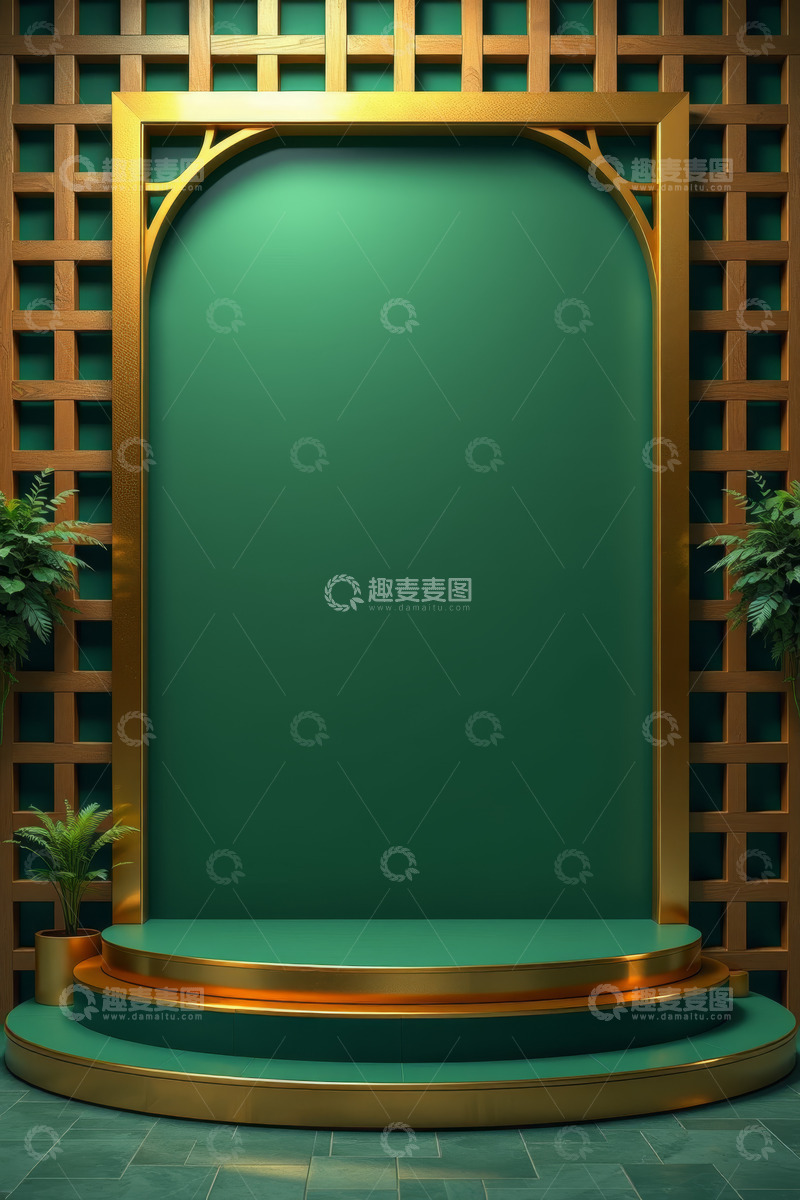 高清大图下载【趣麦麦图】绿幕金色舞台展示背景
