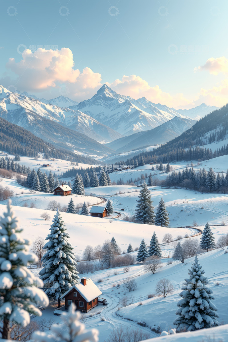 高清大图下载【趣麦麦图】雪中山谷与林间小屋景观