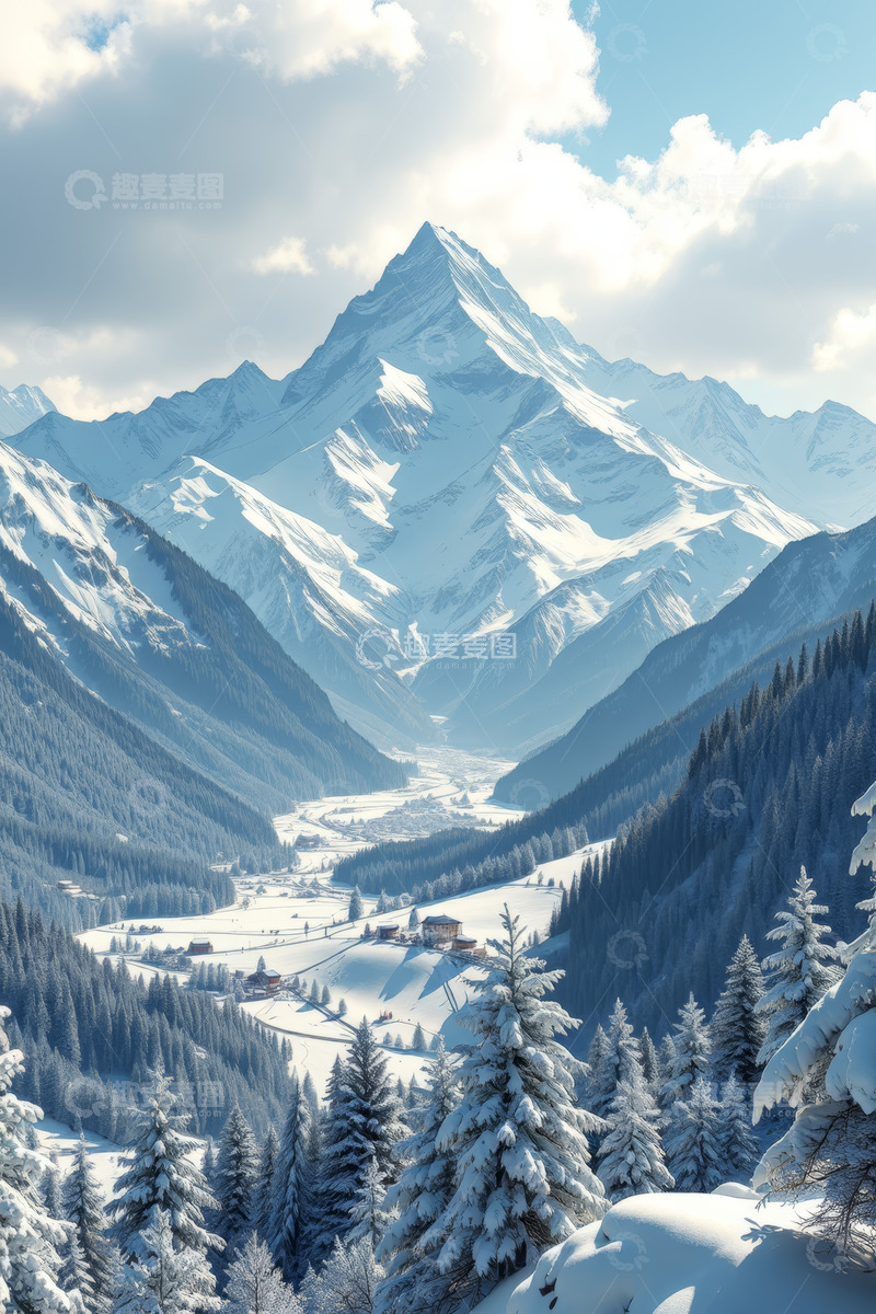 高清大图下载【趣麦麦图】雪山下的冬日森林风景