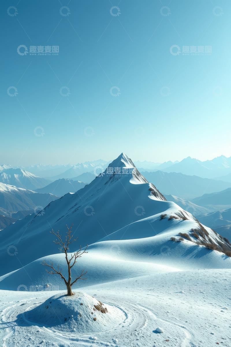 高清大图下载【趣麦麦图】雪山风景与孤树