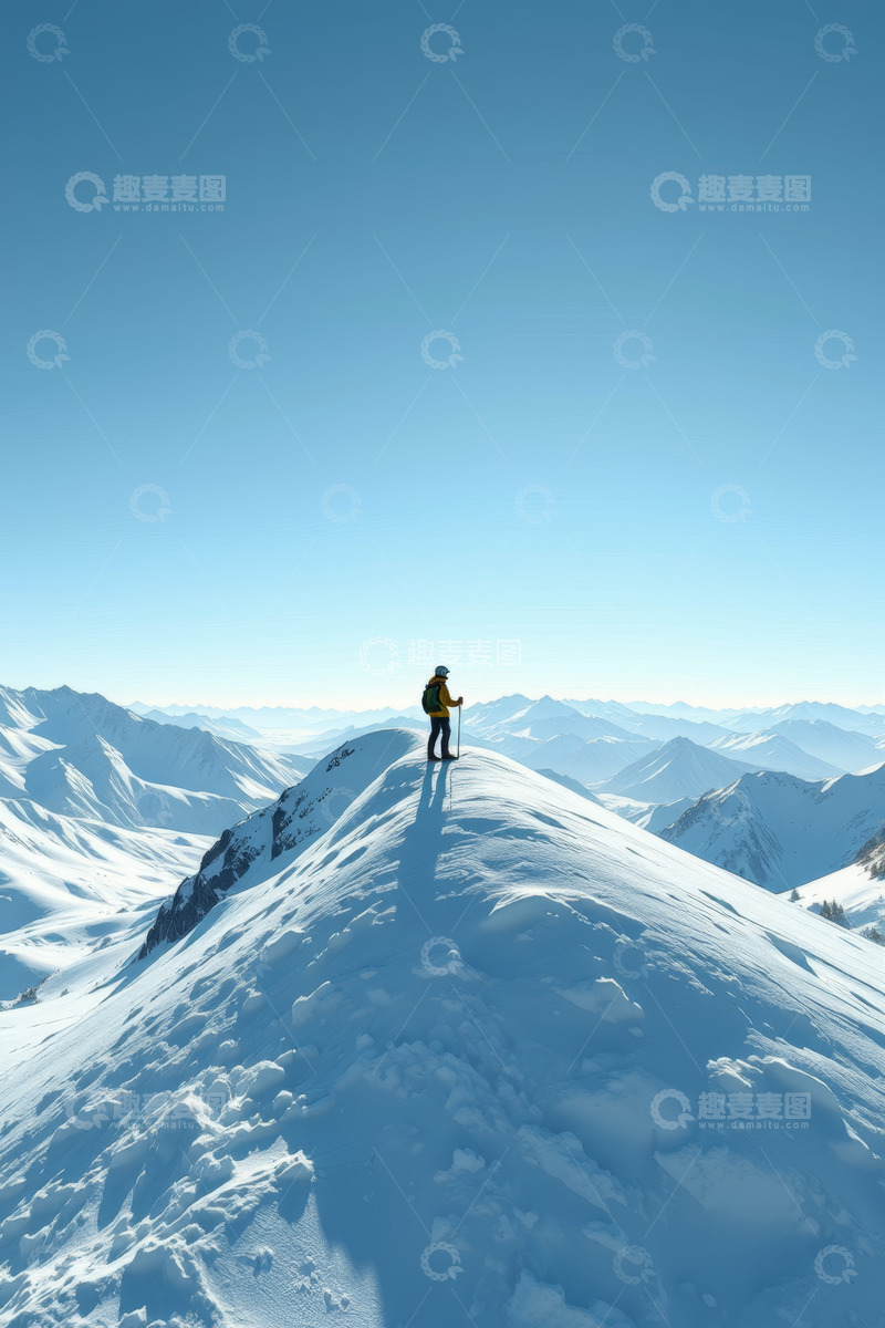 高清大图下载【趣麦麦图】-雪山上单人徒步探险场景