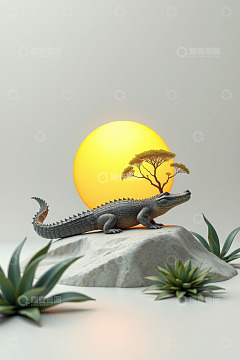 鳄鱼摆件与落日景观