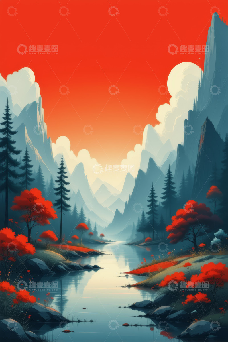 高清大图下载【趣麦麦图】山间河流与红叶风景