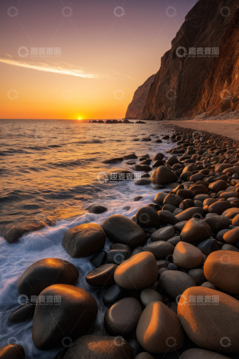 高清大图下载【趣麦麦图】海岸边日落时的鹅卵石海滩