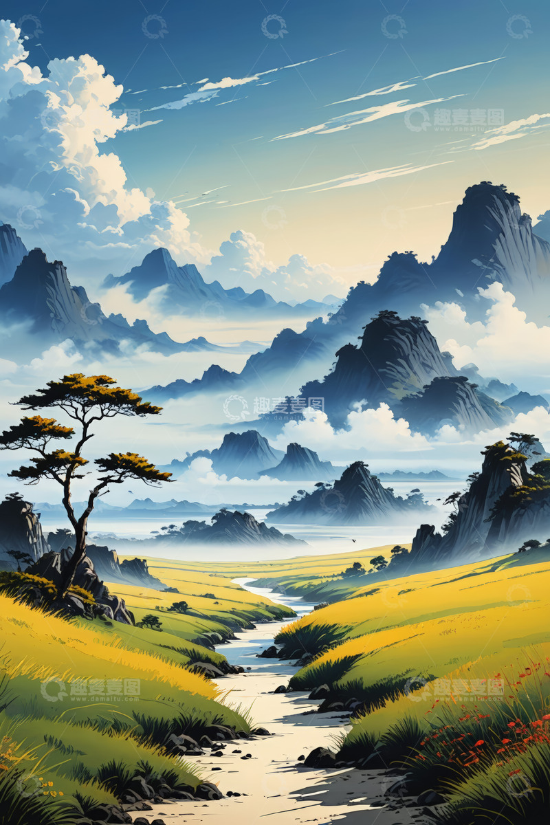 高清大图下载【趣麦麦图】山间草地河流自然风光