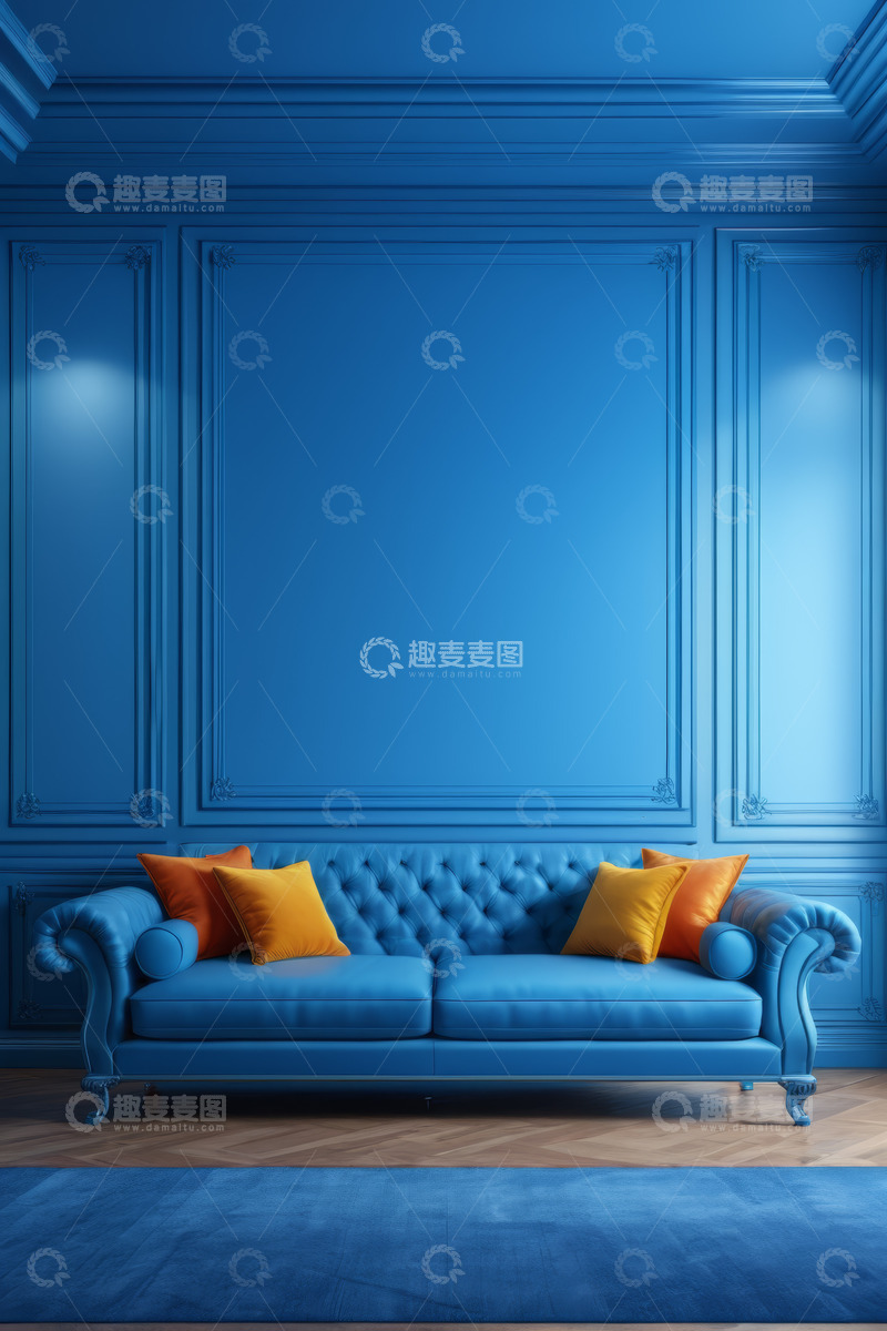 高清大图下载【趣麦麦图】蓝色客厅沙发及装饰墙场景
