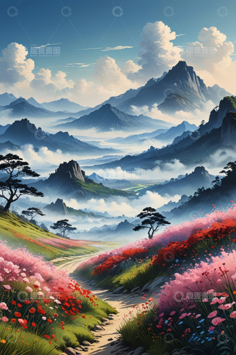 高清大图下载【趣麦麦图】山间花海小径自然风光