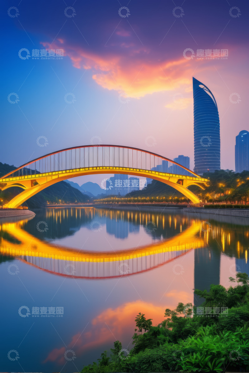 高清大图下载【趣麦麦图】黄昏时城市桥梁与高楼倒影景观