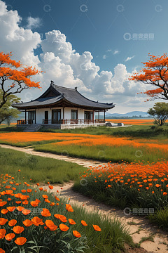 田园中式建筑与花海景观