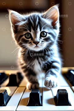 小猫踩在钢琴键盘上