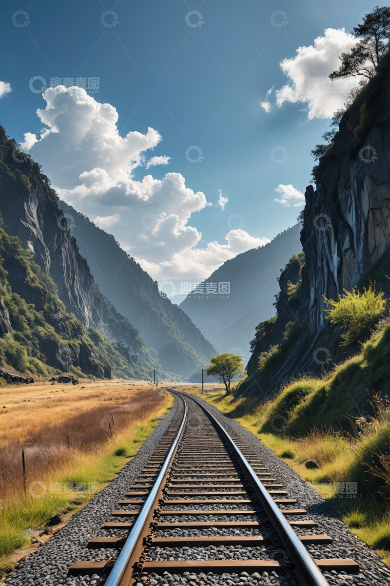 高清大图下载【趣麦麦图】-山间延伸的铁路轨道风景