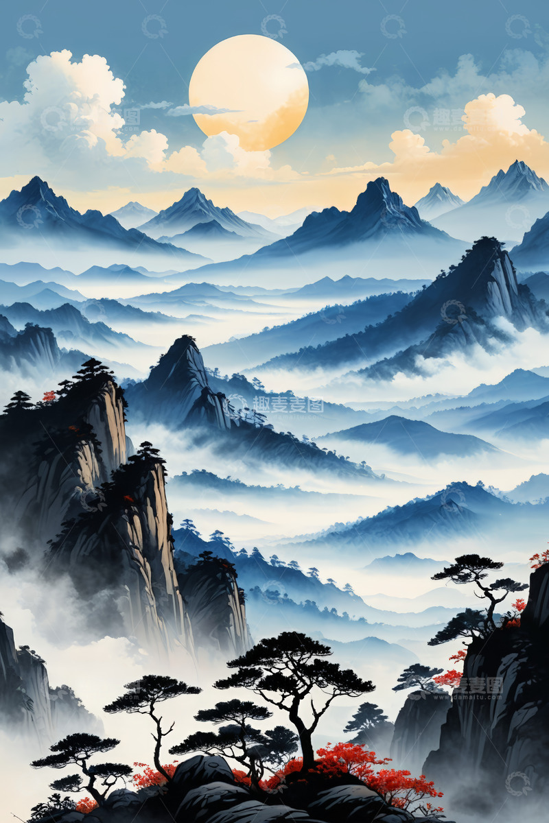 高清大图下载【趣麦麦图】月夜下的中式山水风景