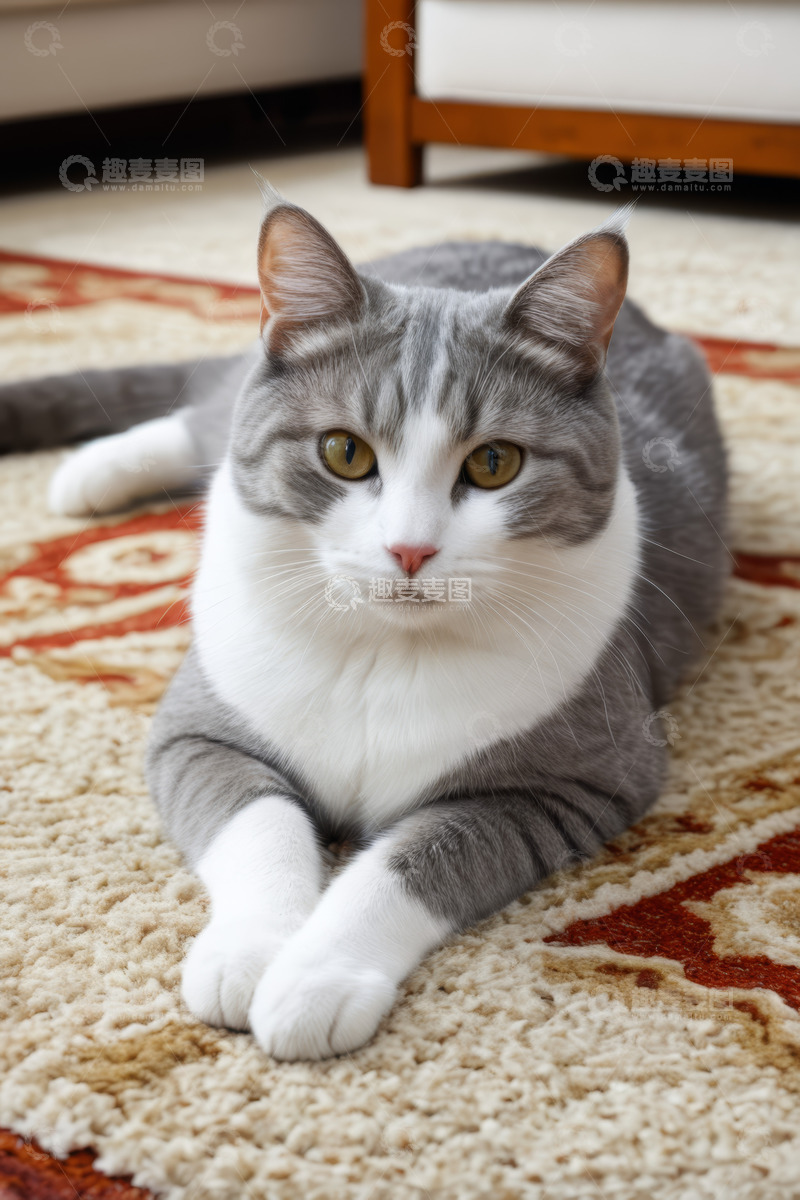 高清大图下载【趣麦麦图】灰白猫咪趴卧在地毯上