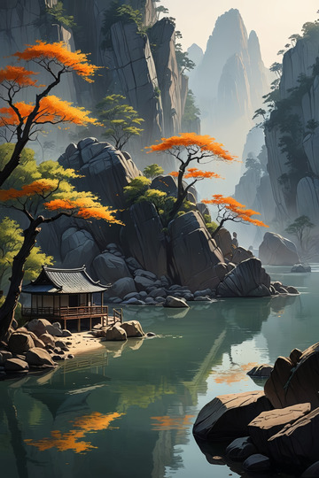 山水间中式小屋自然风光