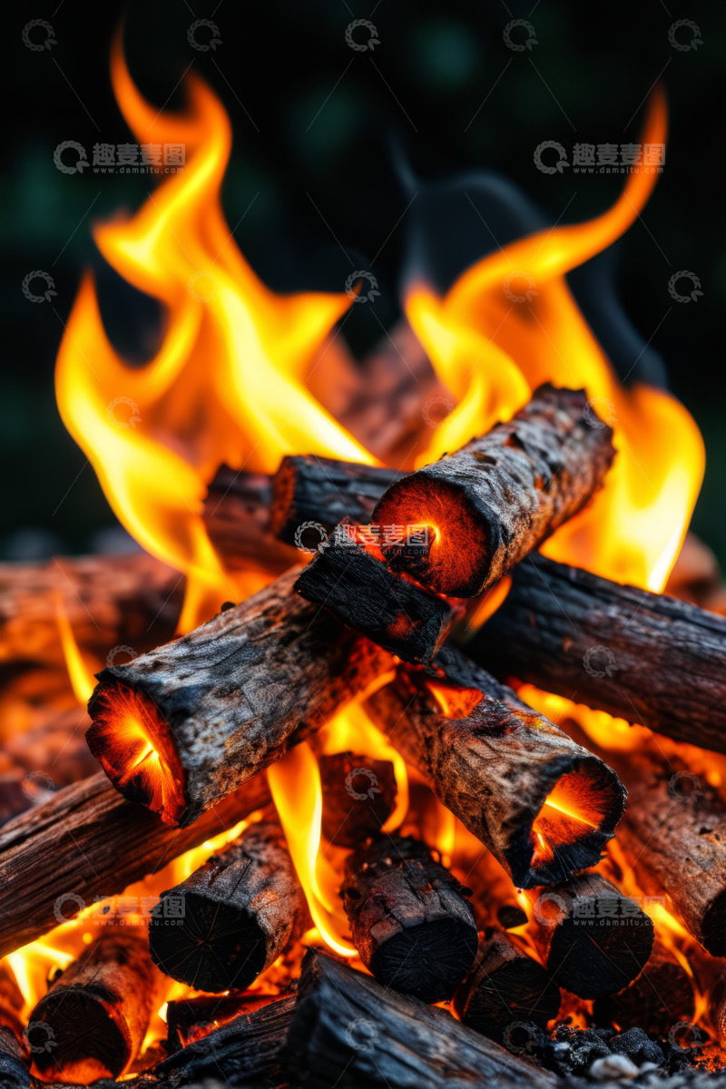 高清大图下载【趣麦麦图】燃烧的木材篝火特写