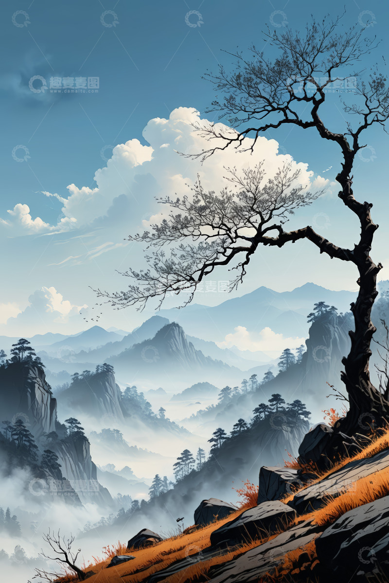 高清大图下载【趣麦麦图】远山云雾中的孤树风景