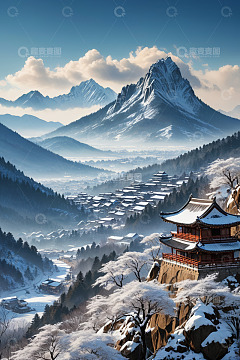 雪山下的中式古建筑村落风景