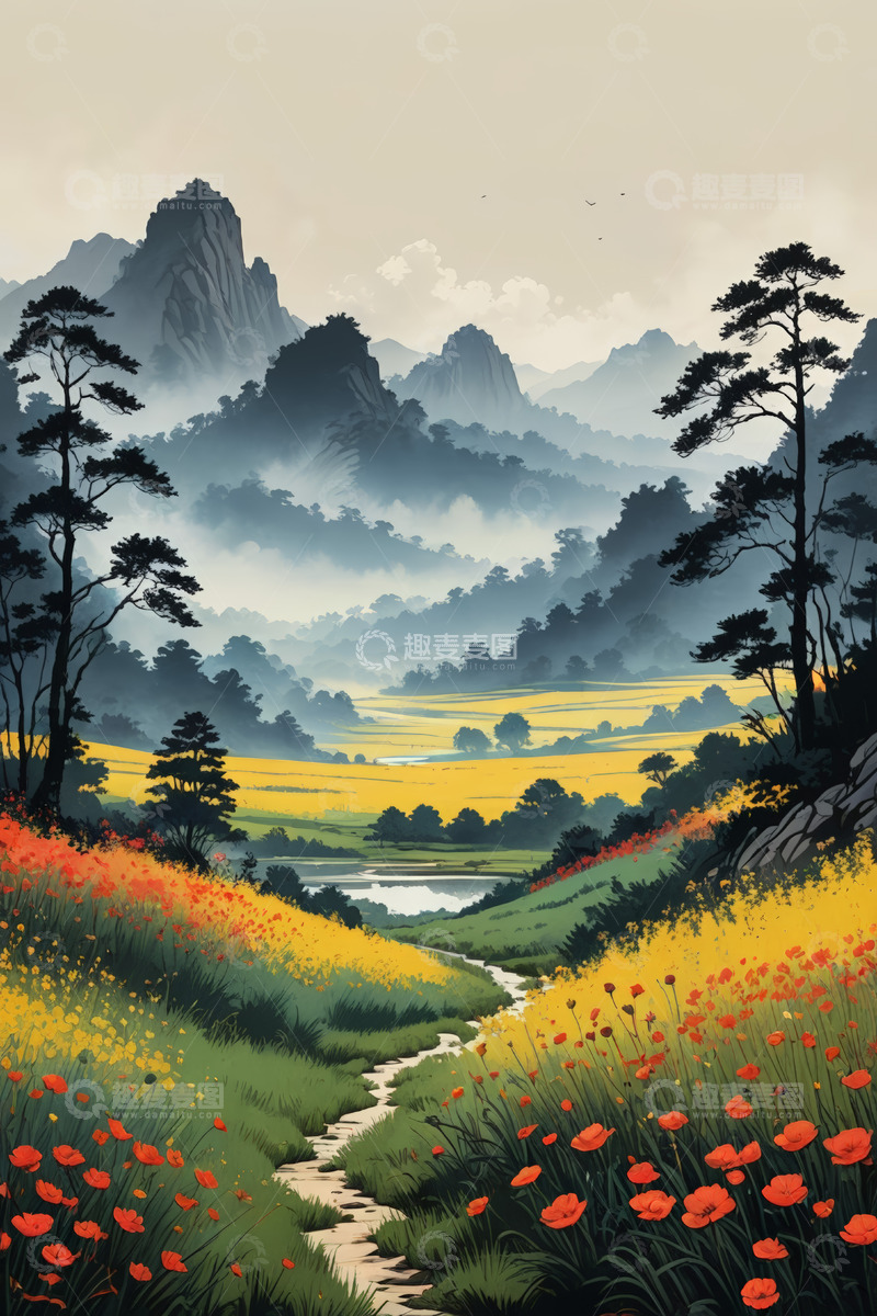 高清大图下载【趣麦麦图】山间花海小径自然风光