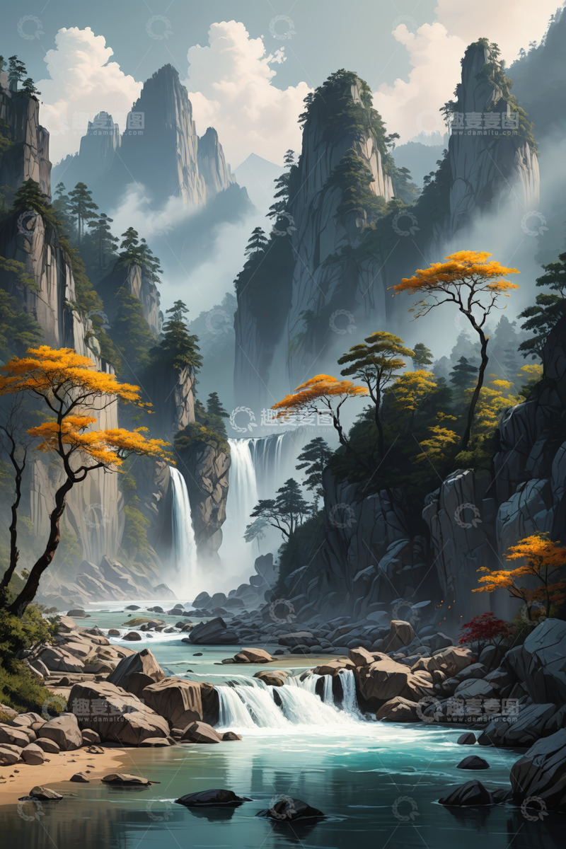 高清大图下载【趣麦麦图】山水间瀑布与秋色风景