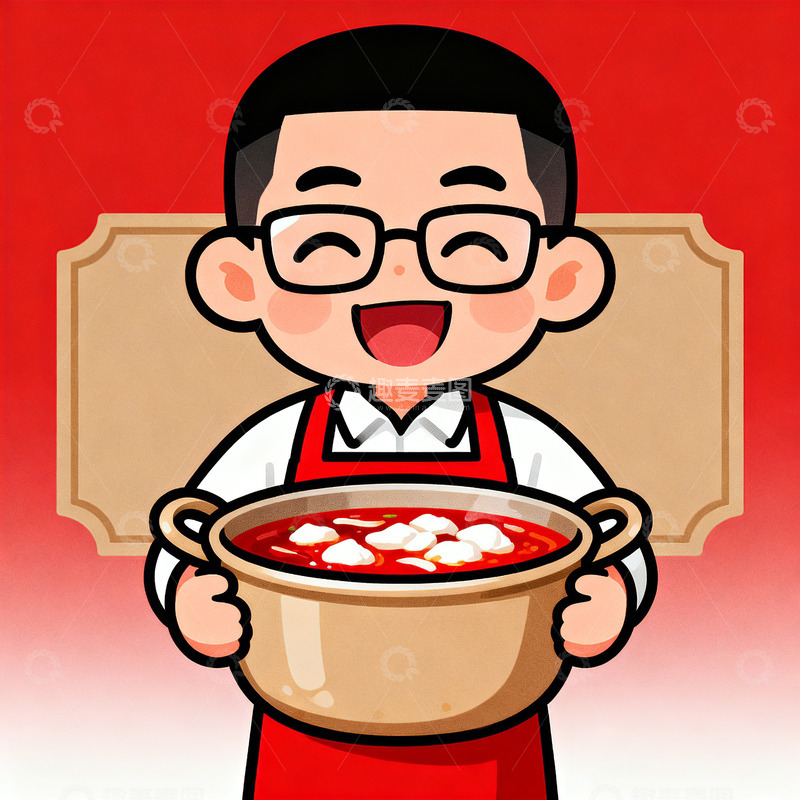 高清大图下载【趣麦麦图】卡通厨师端汤锅美食插画