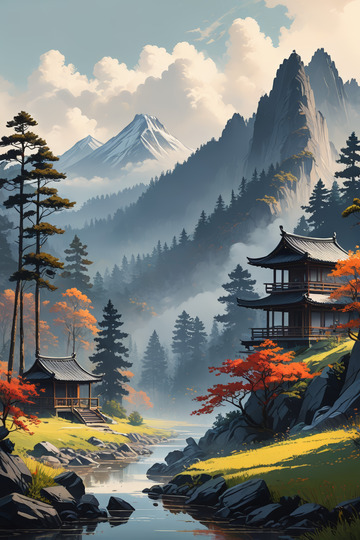 古风山水间中式建筑风景